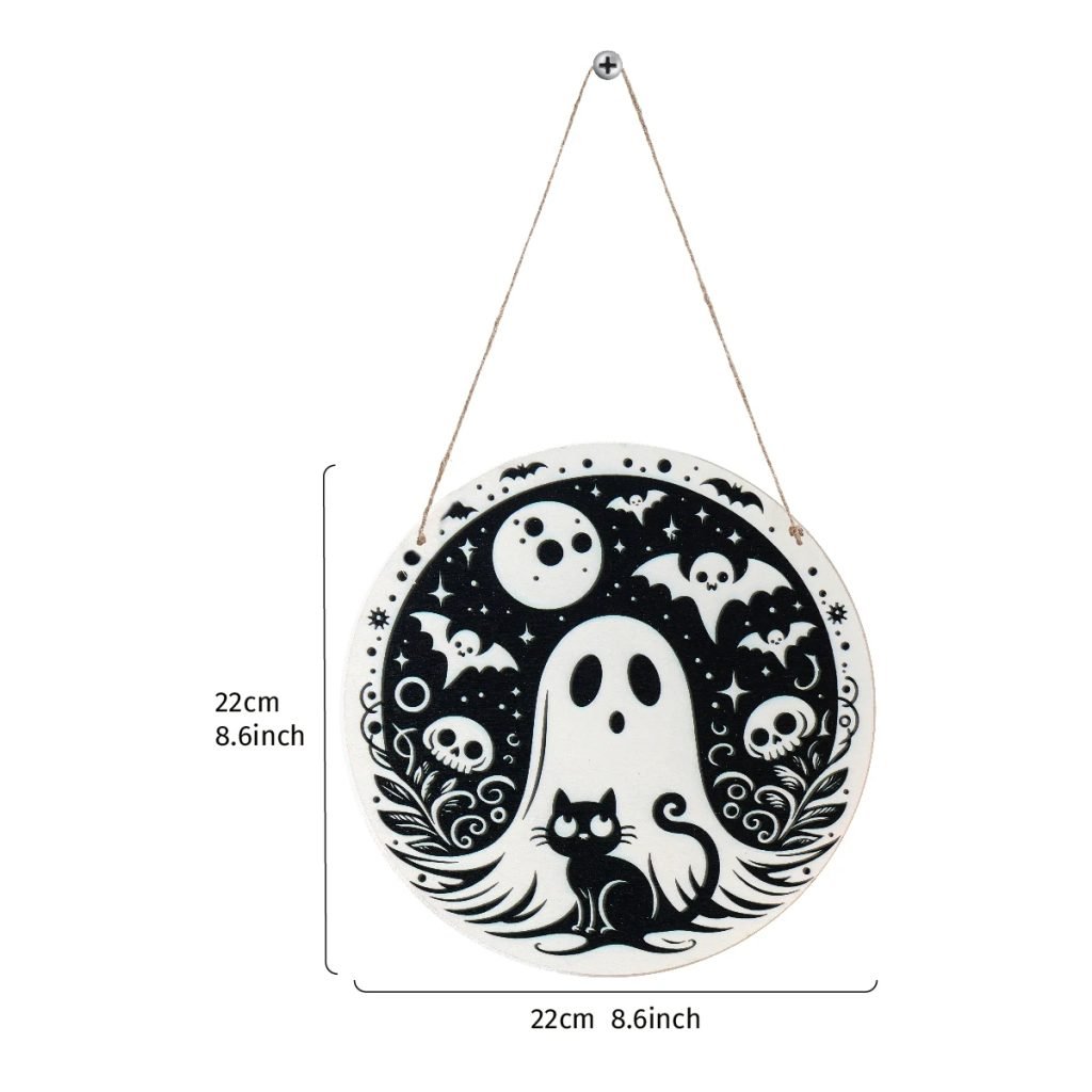 1PC,Halloween party – Circular wooden decorative sign with Halloween elements