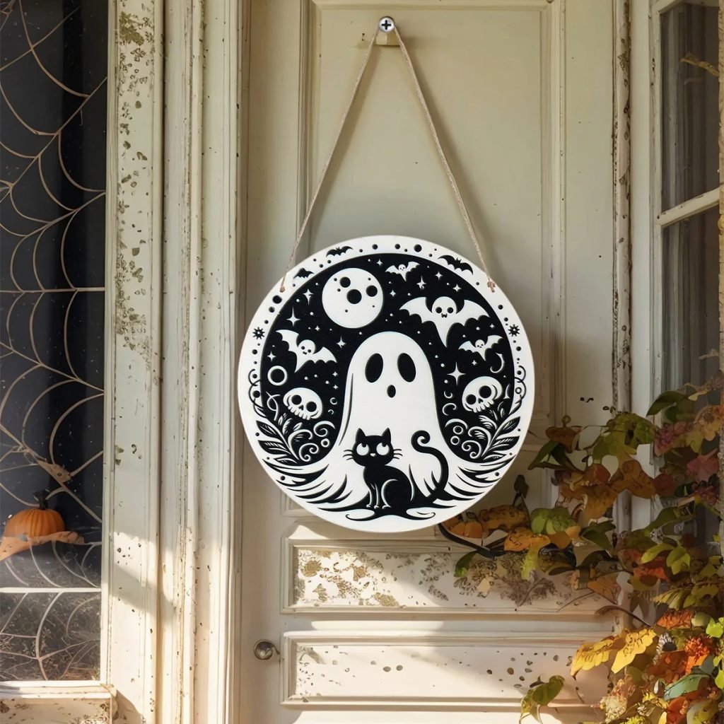 1PC,Halloween party – Circular wooden decorative sign with Halloween elements