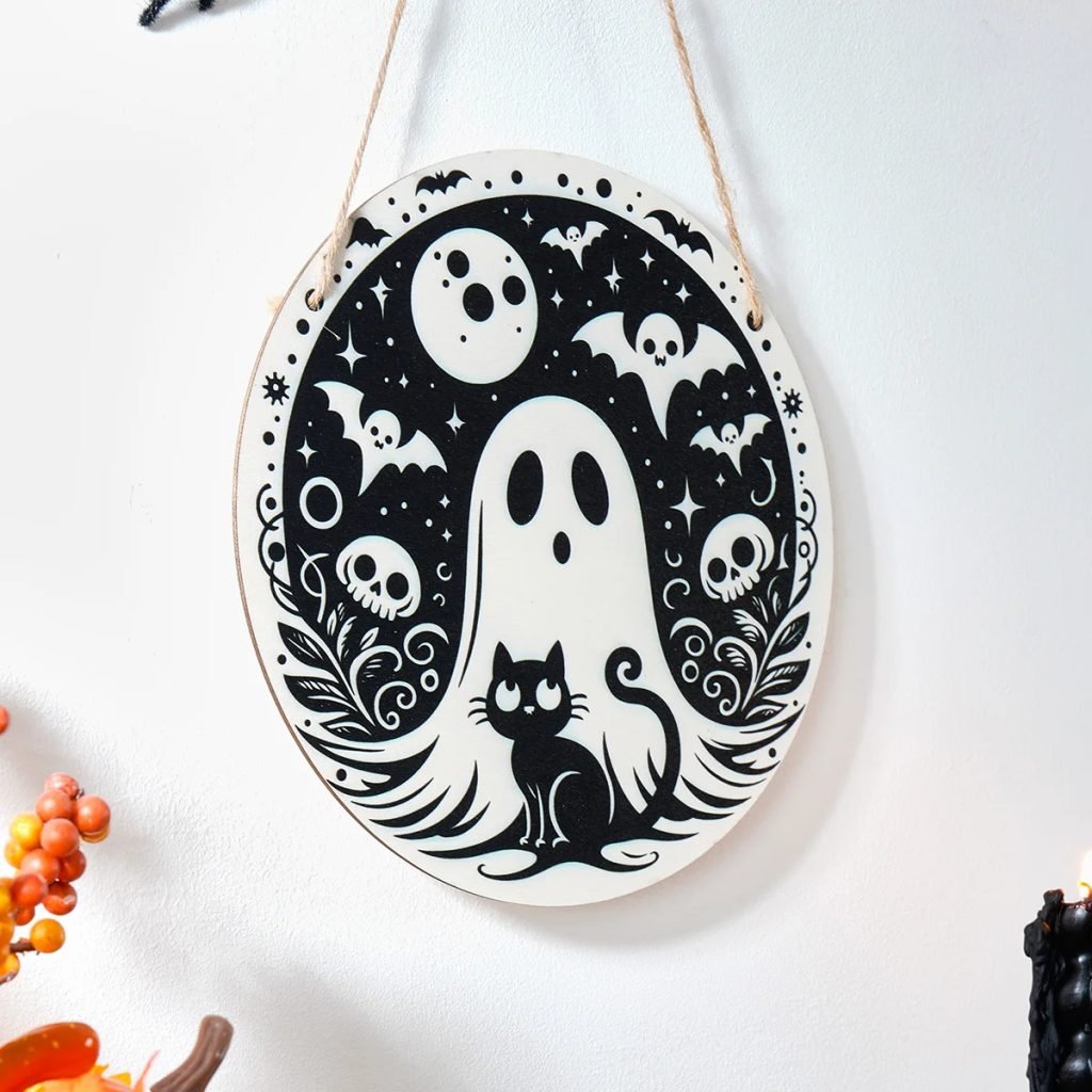 1PC,Halloween party – Circular wooden decorative sign with Halloween elements