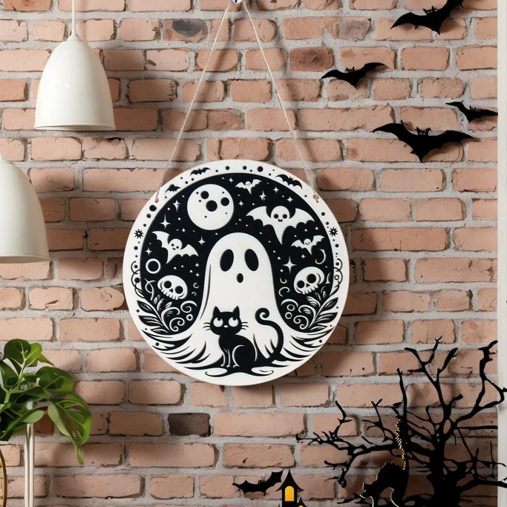 1PC,Halloween party – Circular wooden decorative sign with Halloween elements