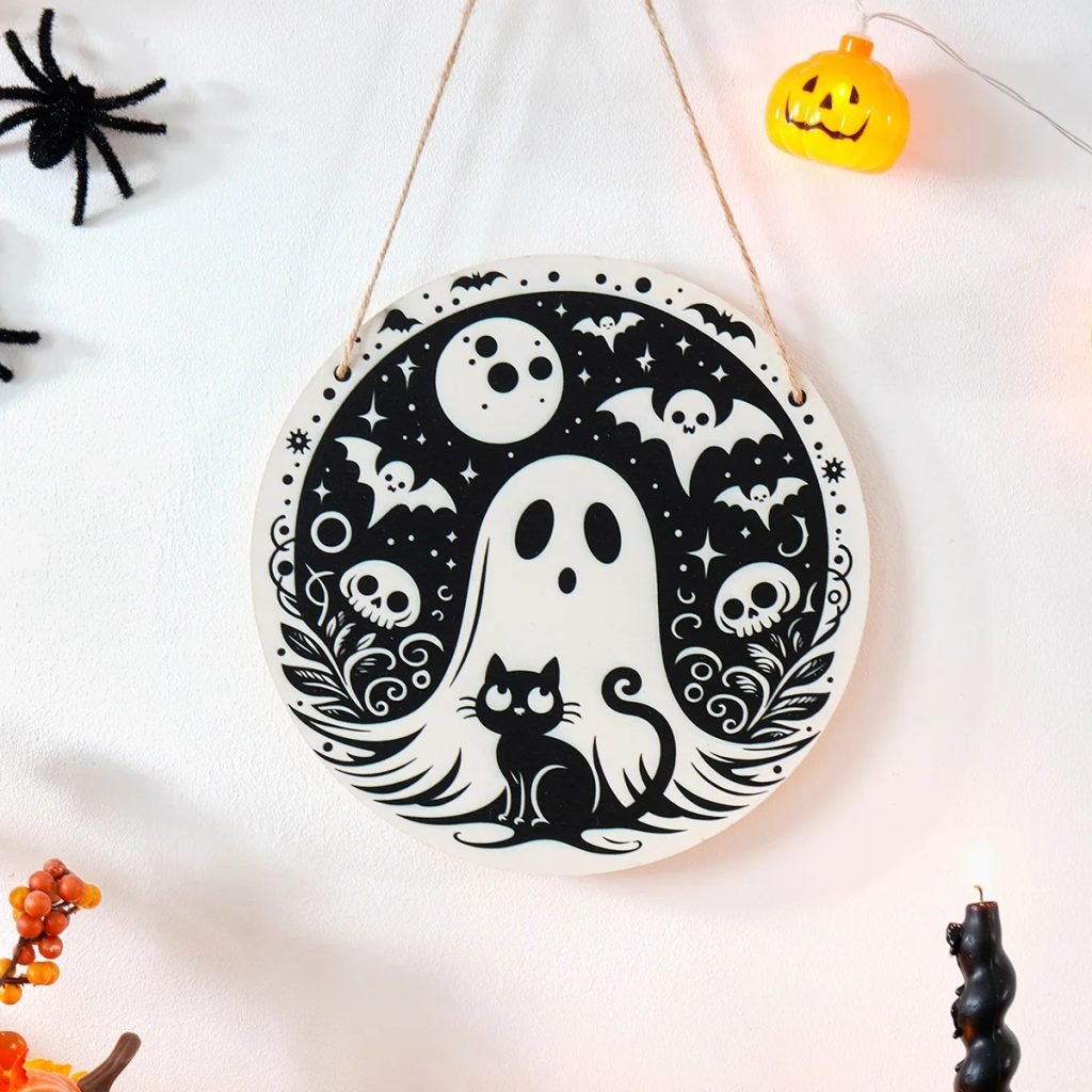 1PC,Halloween party – Circular wooden decorative sign with Halloween elements