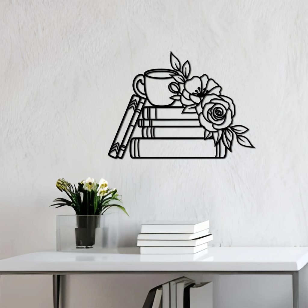 1pc Iron Wall Art Decor for Book Lovers, Metal Book & Flower Wall Sign, Library and Coffee Shop Metal Wall Sculpture