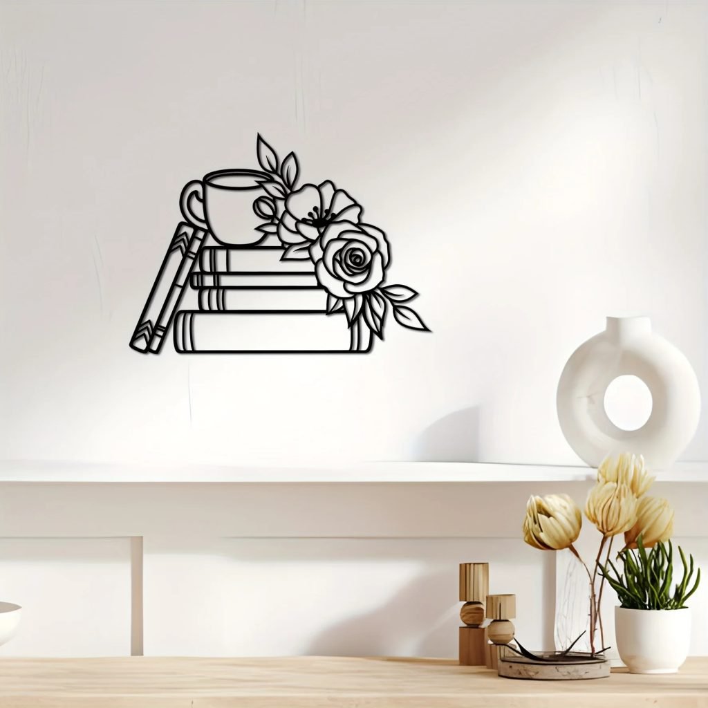 1pc Iron Wall Art Decor for Book Lovers, Metal Book & Flower Wall Sign, Library and Coffee Shop Metal Wall Sculpture