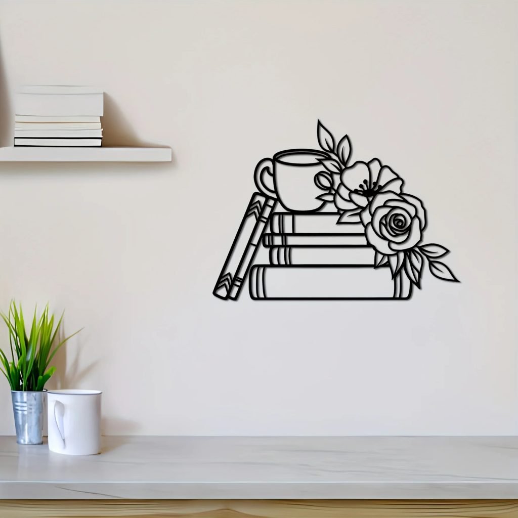 1pc Iron Wall Art Decor for Book Lovers, Metal Book & Flower Wall Sign, Library and Coffee Shop Metal Wall Sculpture