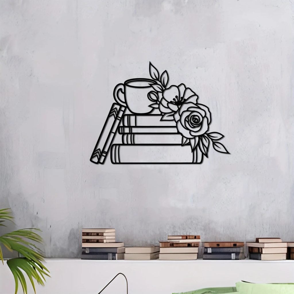 1pc Iron Wall Art Decor for Book Lovers, Metal Book & Flower Wall Sign, Library and Coffee Shop Metal Wall Sculpture