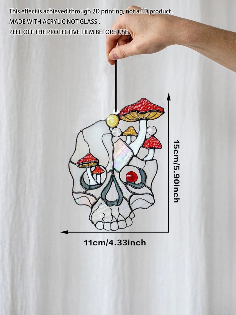 Gothic Acrylic Skull Suncatcher with Red Mushroom Accents, Boho Bedroom Living Room Window Hanging Ornaments, Home Decor Pendant