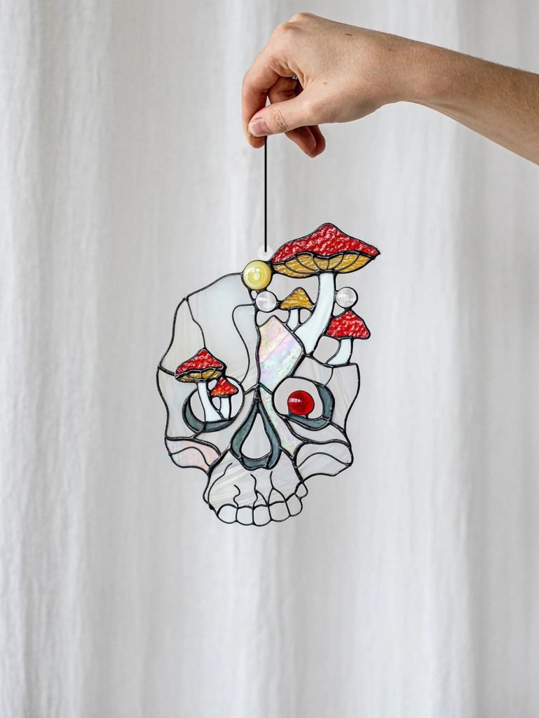 Gothic Acrylic Skull Suncatcher with Red Mushroom Accents, Boho Bedroom Living Room Window Hanging Ornaments, Home Decor Pendant