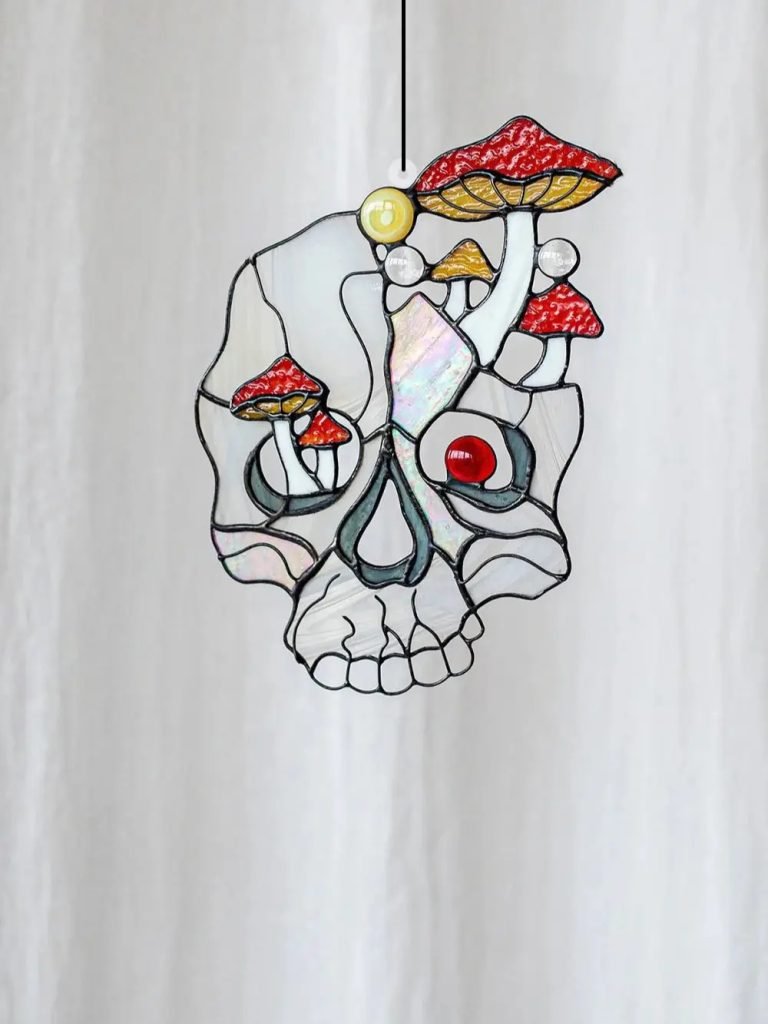 Gothic Acrylic Skull Suncatcher with Red Mushroom Accents, Boho Bedroom Living Room Window Hanging Ornaments, Home Decor Pendant