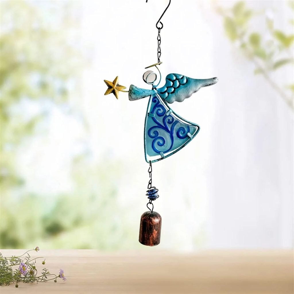 Metal Angel Wind Chime Hanging Decoration Ornament Bells Wing Angel Bell Decorative Hanging Bells Blue