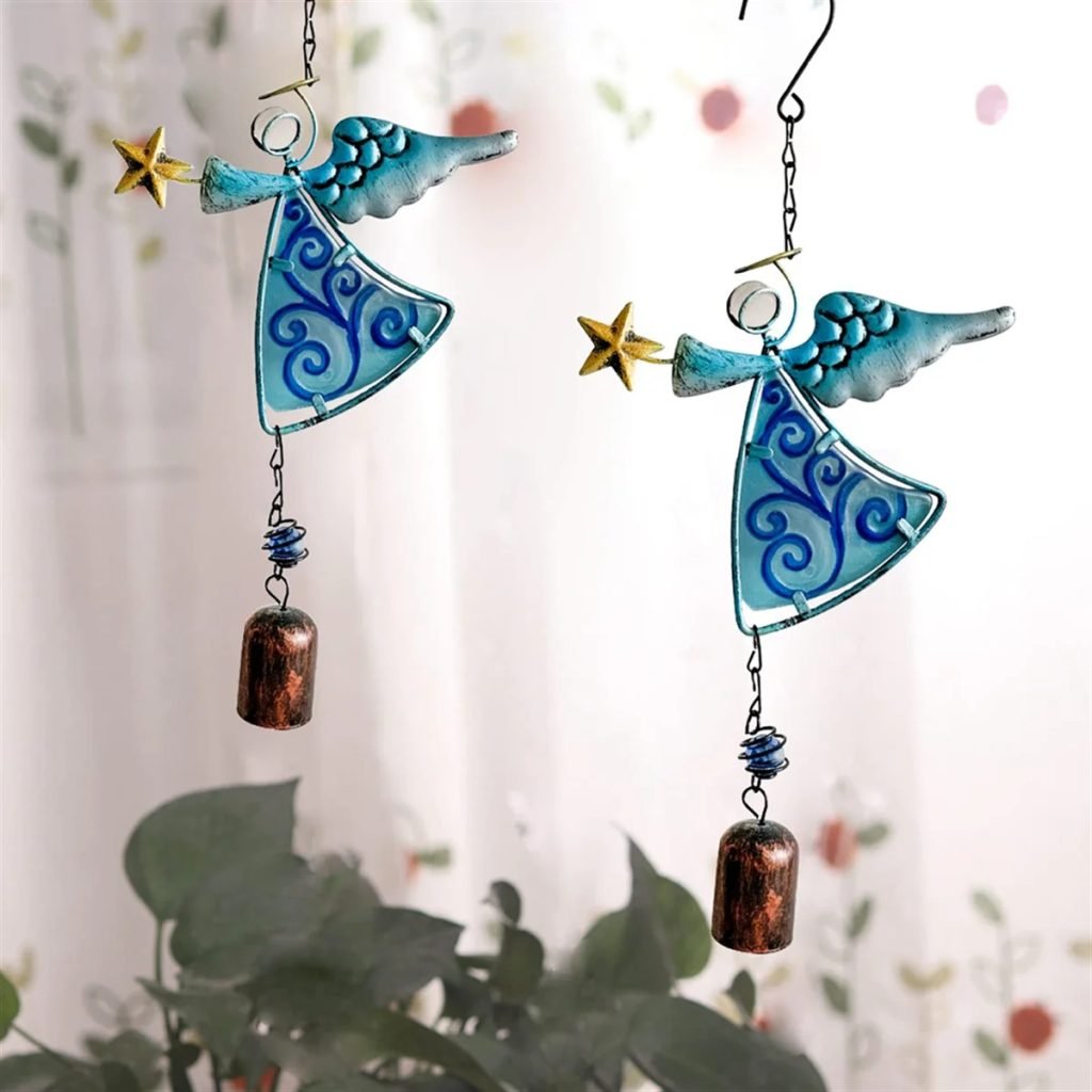 Metal Angel Wind Chime Hanging Decoration Ornament Bells Wing Angel Bell Decorative Hanging Bells Blue