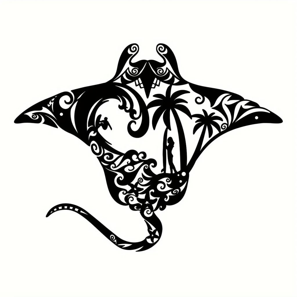 Coastal Charm Metal Manta Ray Wall Art – Beach-Themed Decor With Surfboard, Waves, Iron Art, Wall decoration, Wall Sticker