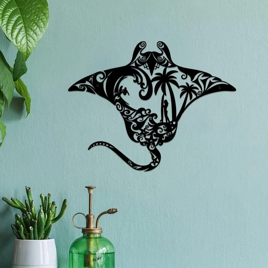 Coastal Charm Metal Manta Ray Wall Art – Beach-Themed Decor With Surfboard, Waves, Iron Art, Wall decoration, Wall Sticker