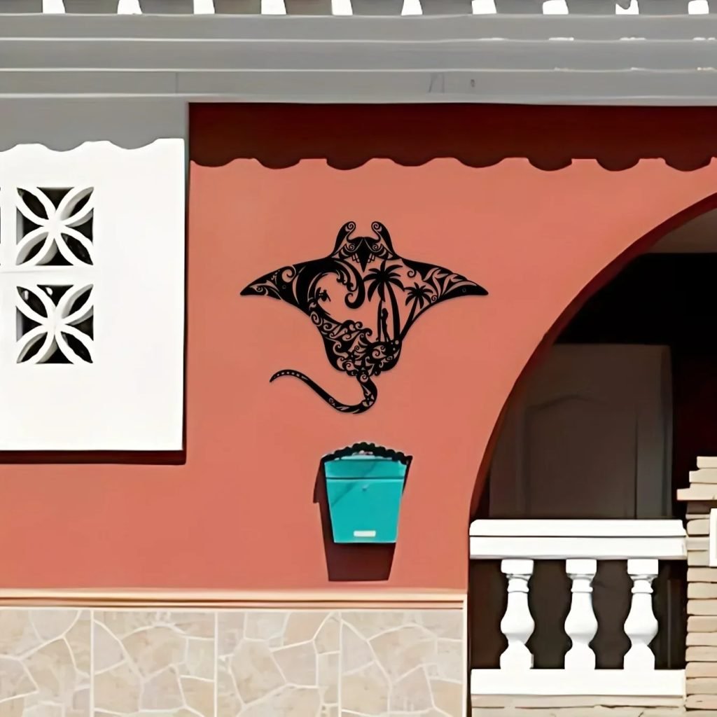 Coastal Charm Metal Manta Ray Wall Art – Beach-Themed Decor With Surfboard, Waves, Iron Art, Wall decoration, Wall Sticker