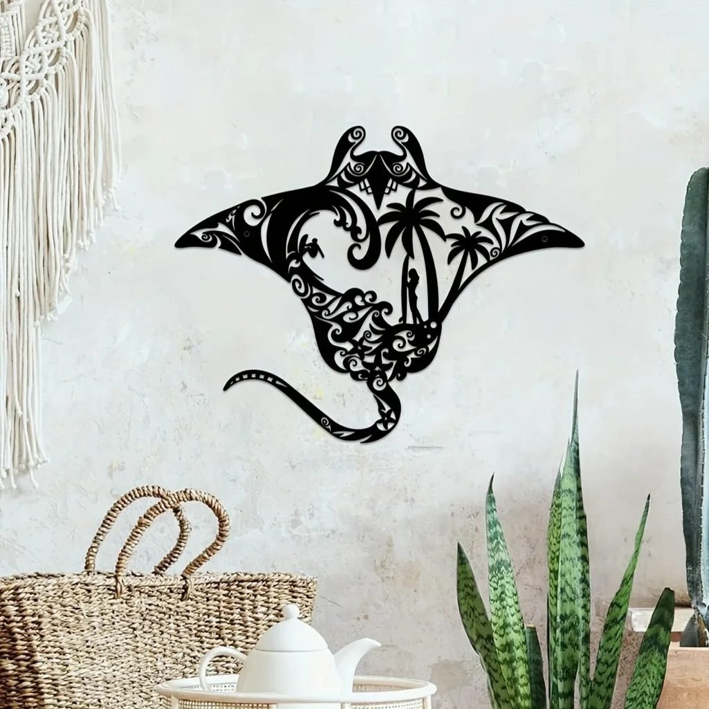 Coastal Charm Metal Manta Ray Wall Art – Beach-Themed Decor With Surfboard, Waves, Iron Art, Wall decoration, Wall Sticker