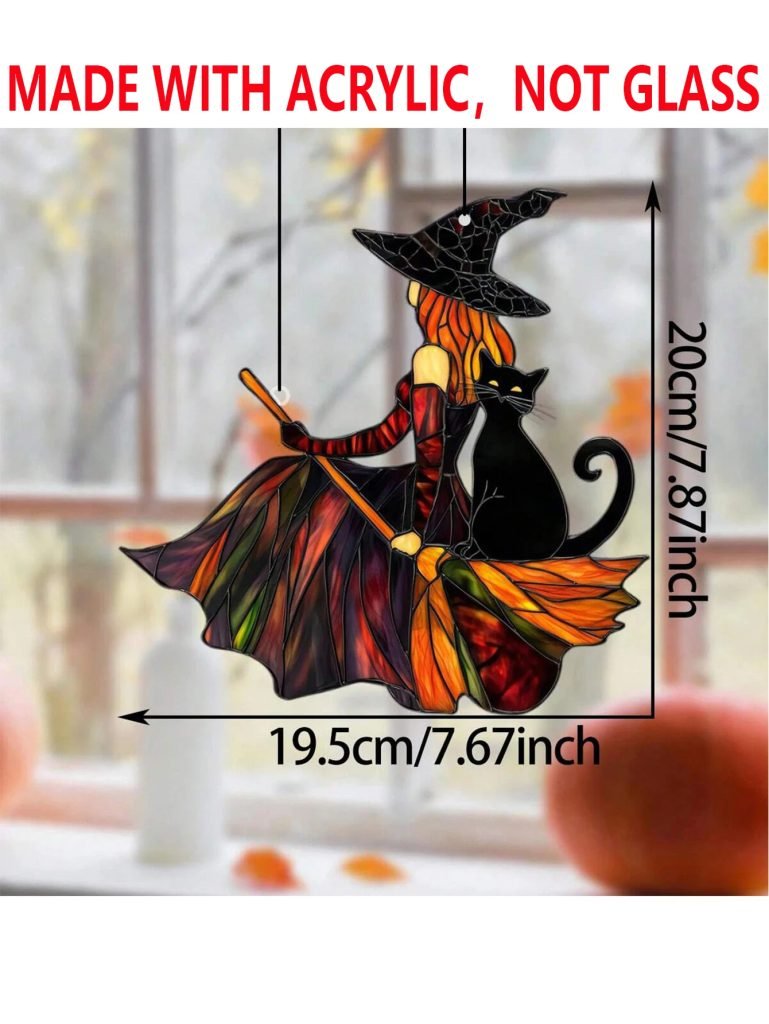 Gothic Acrylic Witch &Black Cat Suncatcher, Halloween Window Decoration Wind Chime, Broom Witch Hanging Ornament for Home &Party