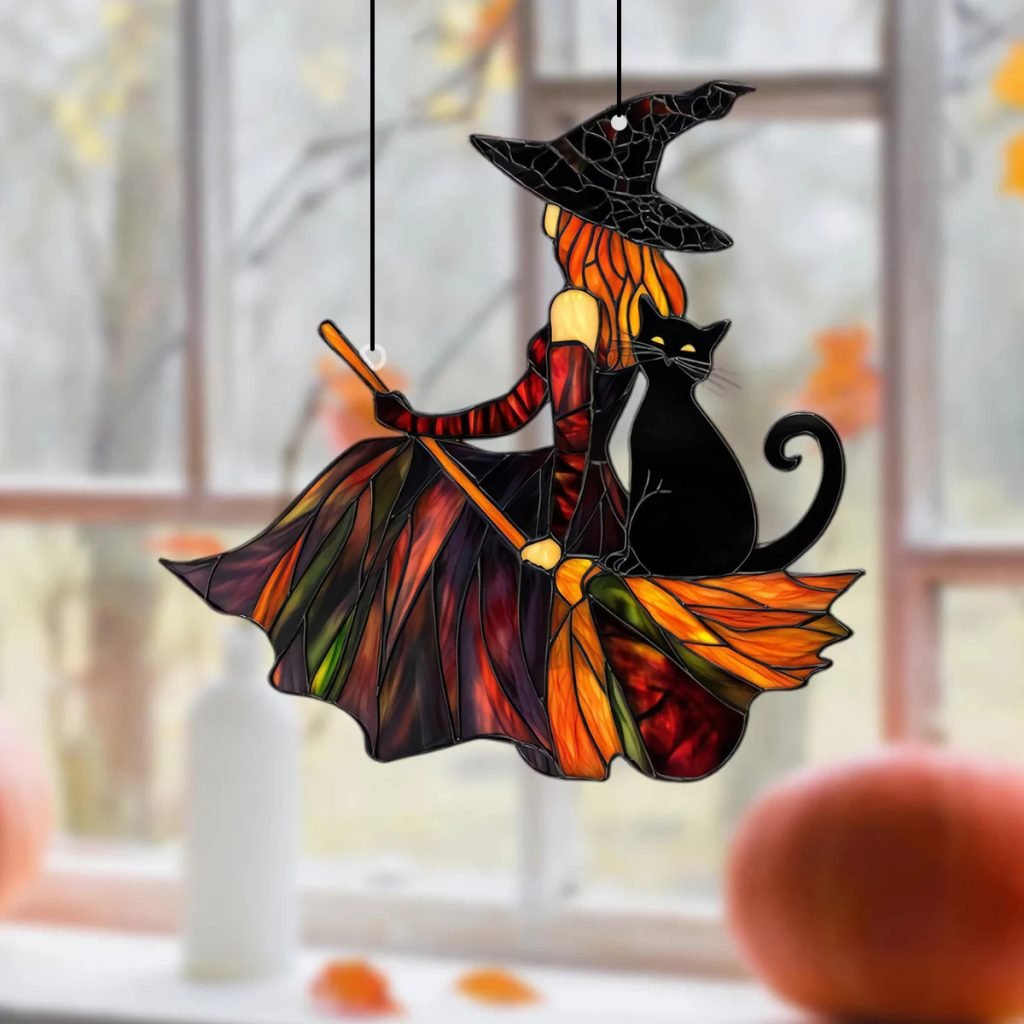 Gothic Acrylic Witch &Black Cat Suncatcher, Halloween Window Decoration Wind Chime, Broom Witch Hanging Ornament for Home &Party