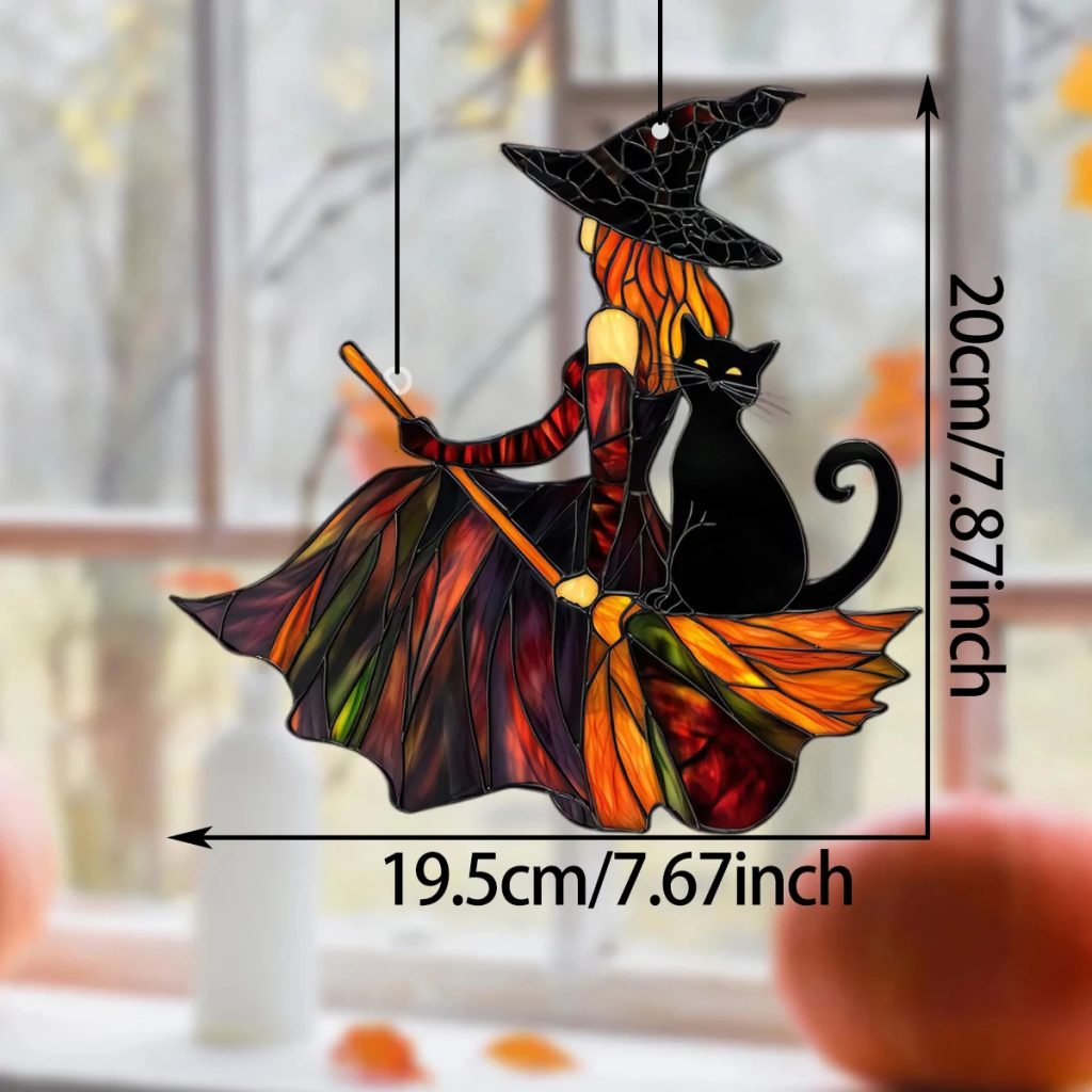 Gothic Acrylic Witch &Black Cat Suncatcher, Halloween Window Decoration Wind Chime, Broom Witch Hanging Ornament for Home &Party
