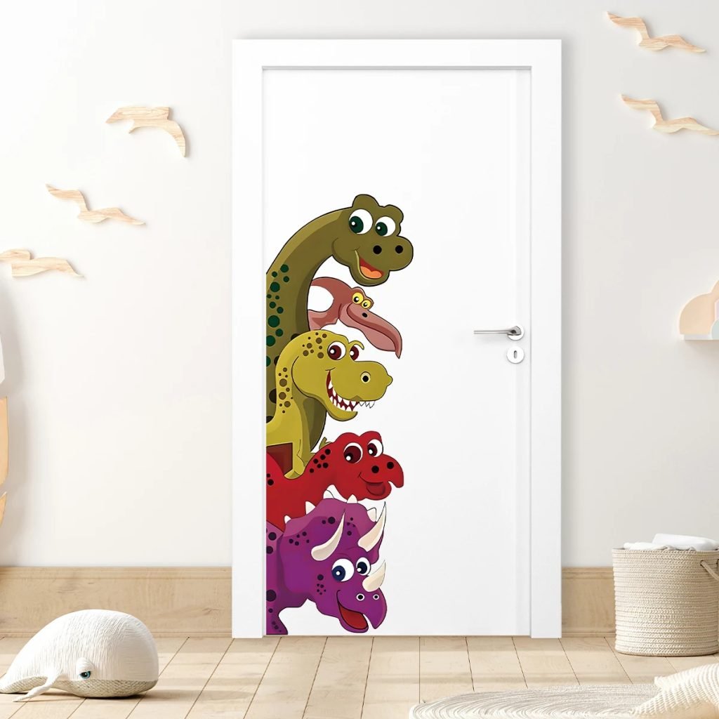 1pcs Self-adhesive PVC  Wall Stickers for Door Kids Room Decor Fun Cartoon Dinosaur Door Decals Bedroom Decoration Living Room