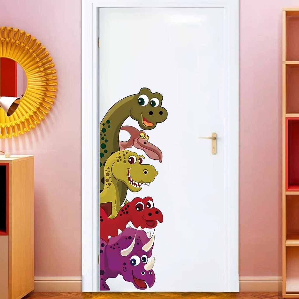 1pcs Self-adhesive PVC  Wall Stickers for Door Kids Room Decor Fun Cartoon Dinosaur Door Decals Bedroom Decoration Living Room