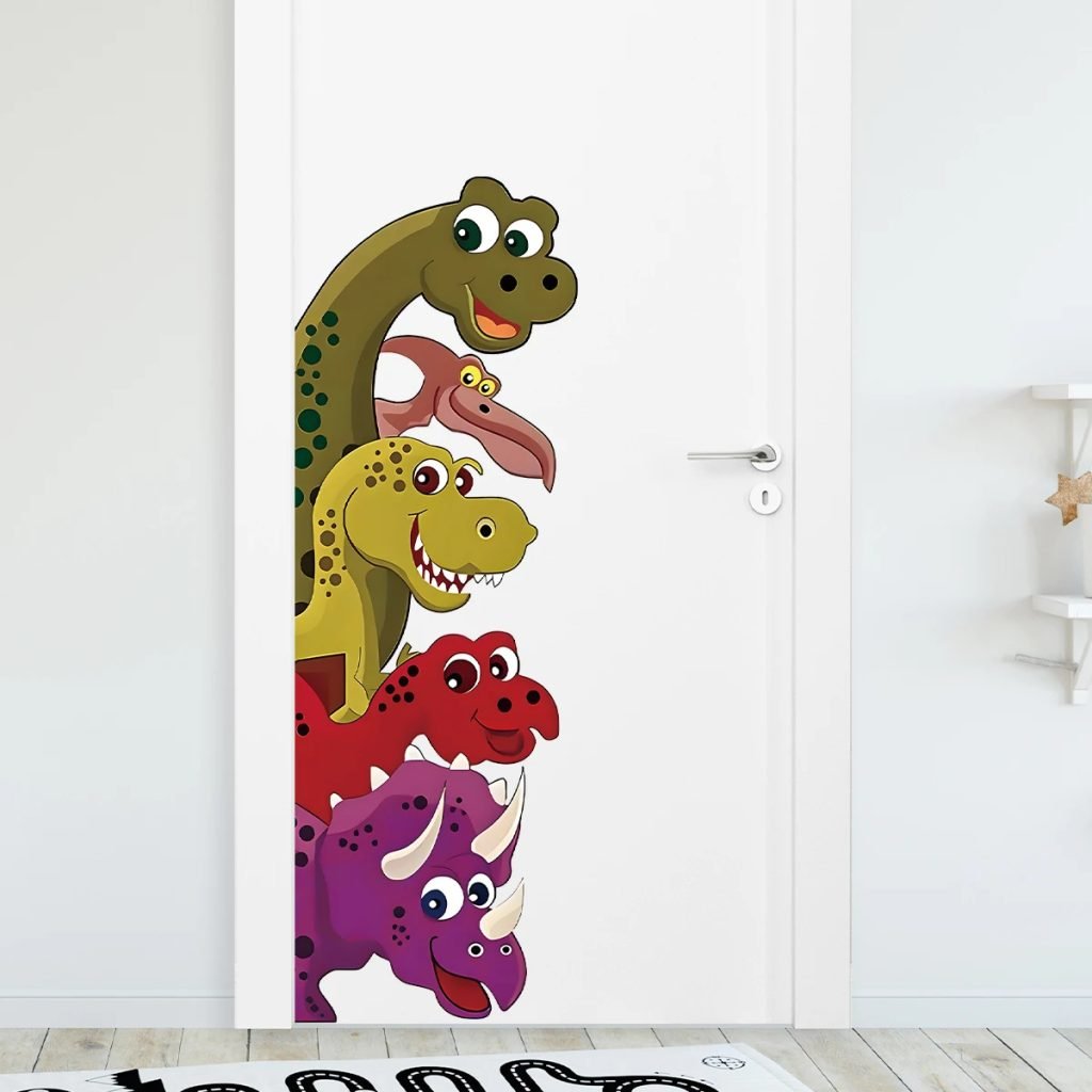 1pcs Self-adhesive PVC  Wall Stickers for Door Kids Room Decor Fun Cartoon Dinosaur Door Decals Bedroom Decoration Living Room