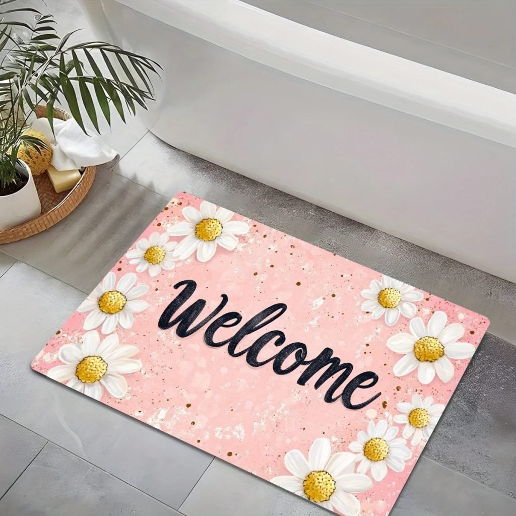 1pc Welcome Daisy Pattern Floor Mat, Polyester Fabric, Machine Washable, Suitable for Bedroom Living Room Decoration