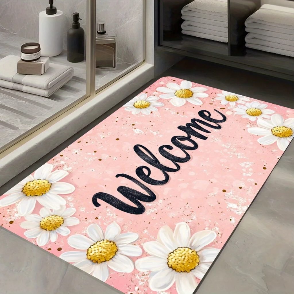 1pc Welcome Daisy Pattern Floor Mat, Polyester Fabric, Machine Washable, Suitable for Bedroom Living Room Decoration