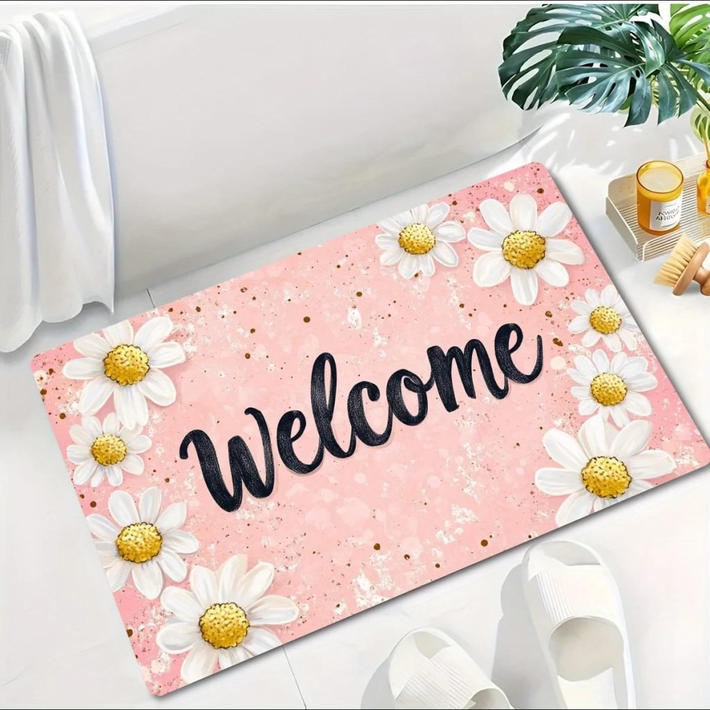 1pc Welcome Daisy Pattern Floor Mat, Polyester Fabric, Machine Washable, Suitable for Bedroom Living Room Decoration