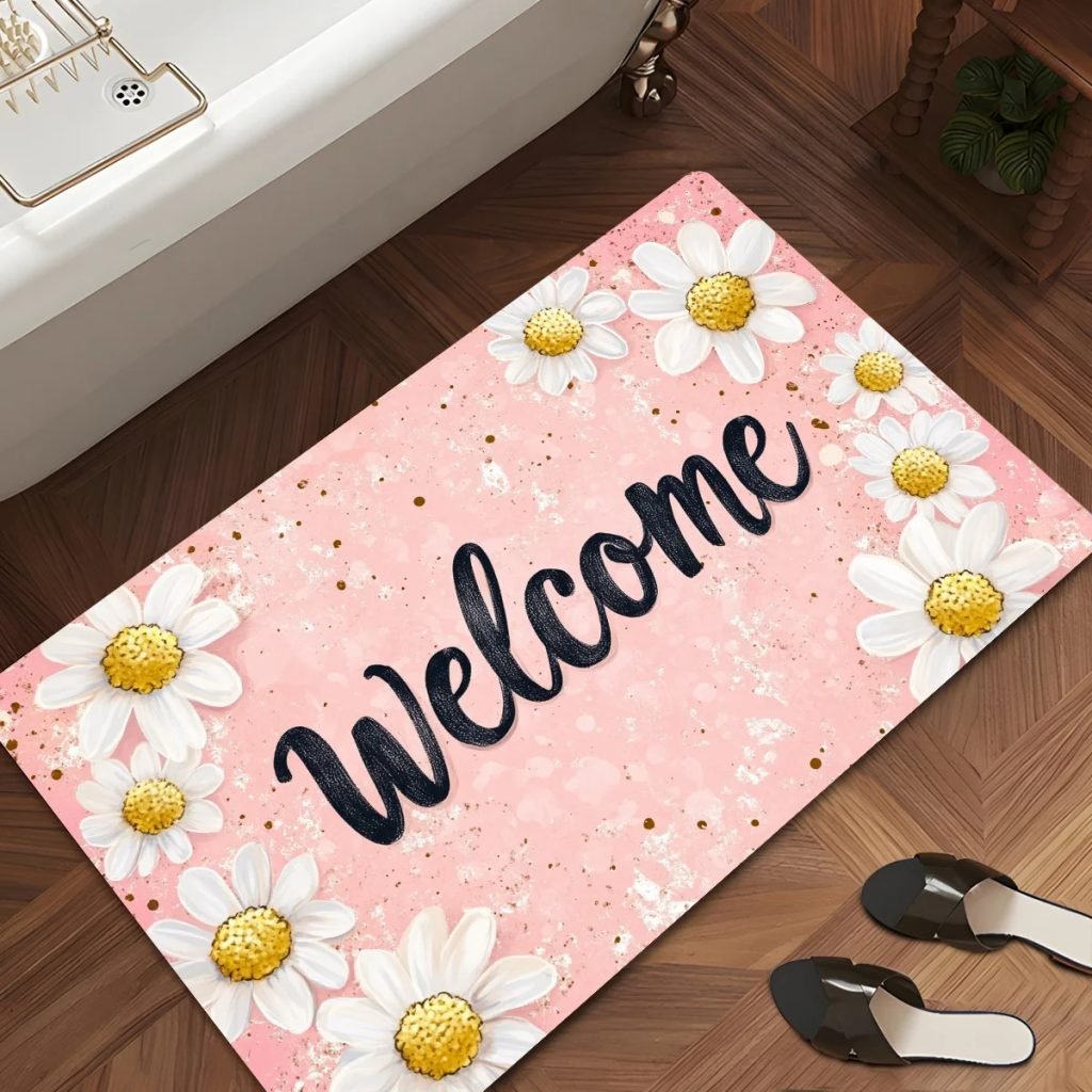 1pc Welcome Daisy Pattern Floor Mat, Polyester Fabric, Machine Washable, Suitable for Bedroom Living Room Decoration