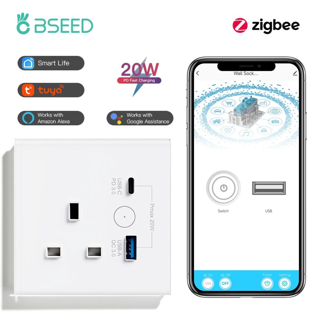 BSEED Zigbee UK Smart Socket With USB Type-c Wall Power Socket Tuya Smart Life Alexa Google Home App Control Glass Panel 13A