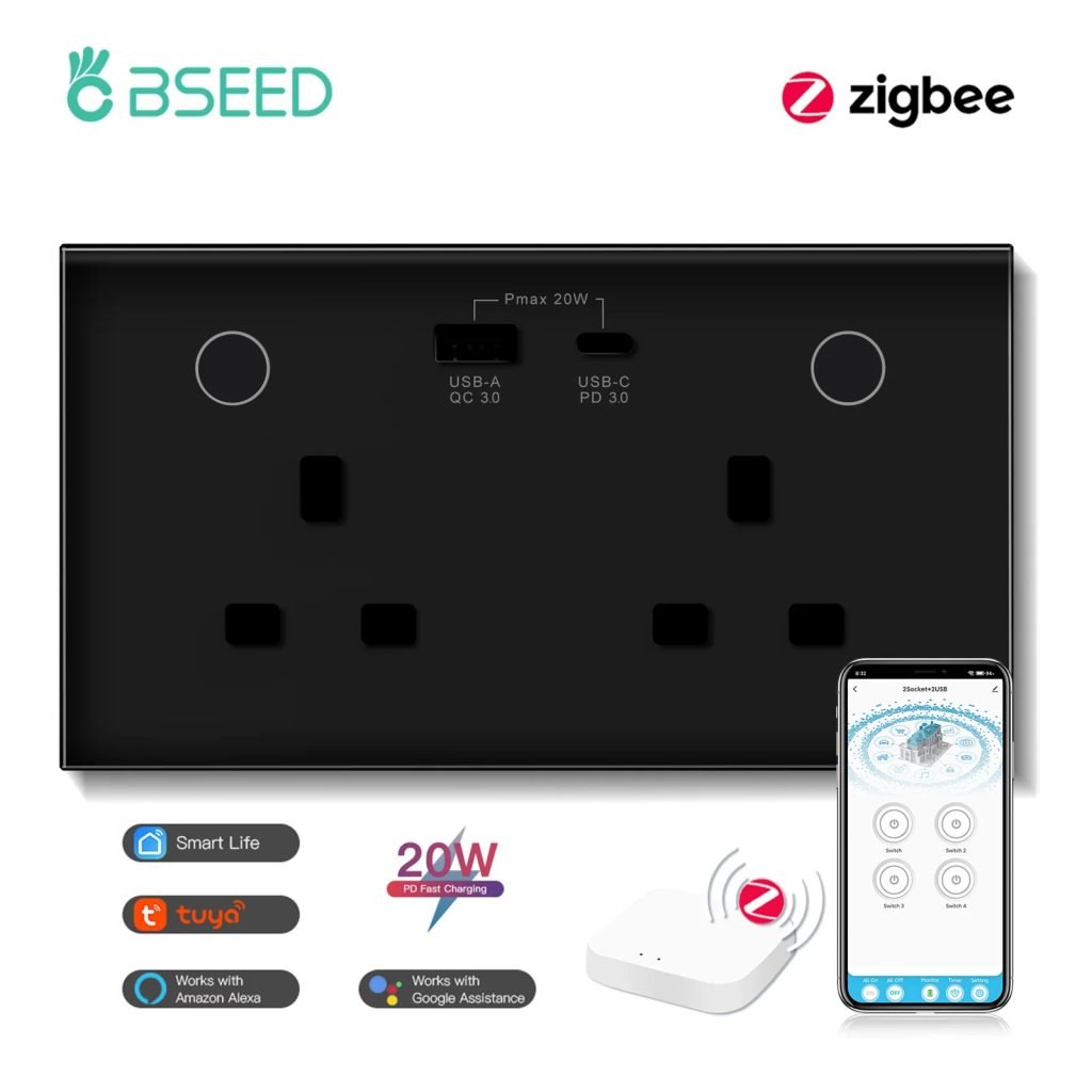 BSEED Zigbee UK Smart Socket With USB Type-c Wall Power Socket Tuya Smart Life Alexa Google Home App Control Glass Panel 13A