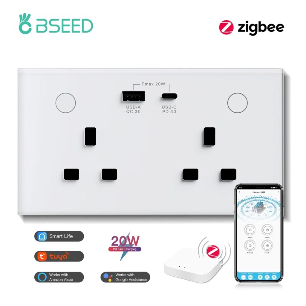 BSEED Zigbee UK Smart Socket With USB Type-c Wall Power Socket Tuya Smart Life Alexa Google Home App Control Glass Panel 13A