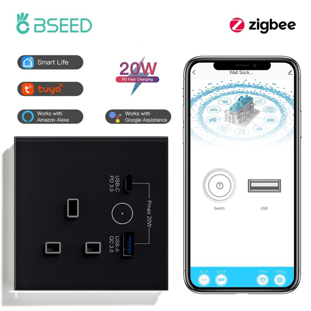 BSEED Zigbee UK Smart Socket With USB Type-c Wall Power Socket Tuya Smart Life Alexa Google Home App Control Glass Panel 13A