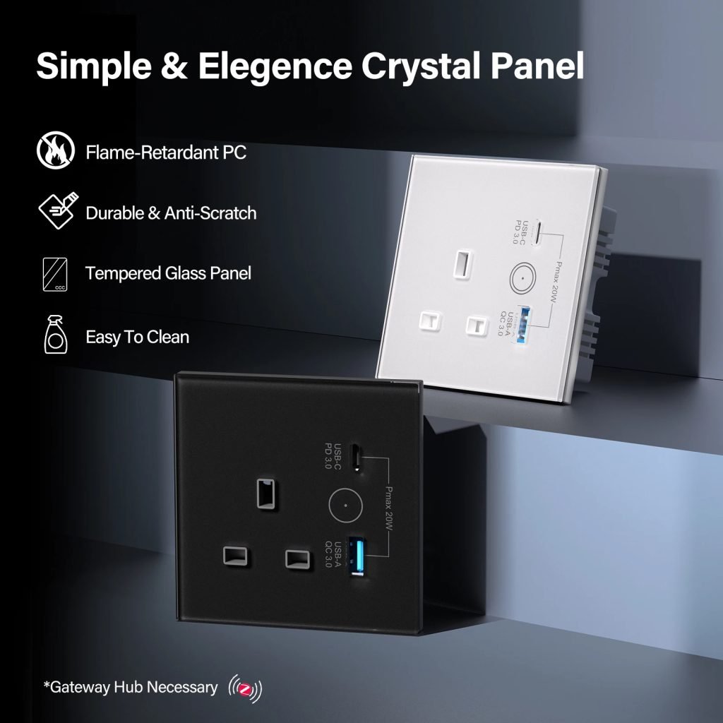 BSEED Zigbee UK Smart Socket With USB Type-c Wall Power Socket Tuya Smart Life Alexa Google Home App Control Glass Panel 13A