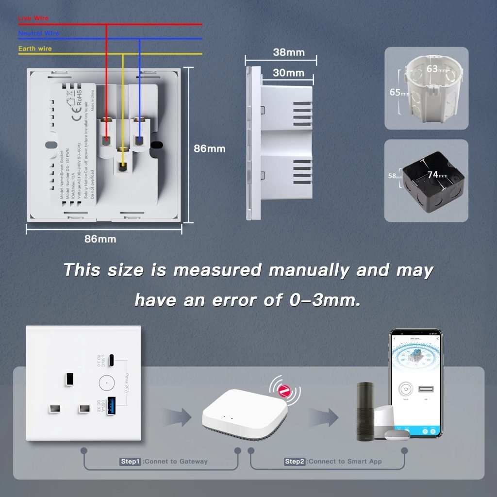 BSEED Zigbee UK Smart Socket With USB Type-c Wall Power Socket Tuya Smart Life Alexa Google Home App Control Glass Panel 13A