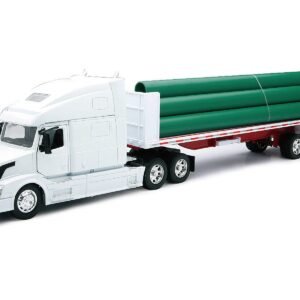 Volvo VN-780 Truck with Flatbed Trailer and Long Pipes White "Long Haul Truckers" Series 1/32 Diecast Model by New Ray