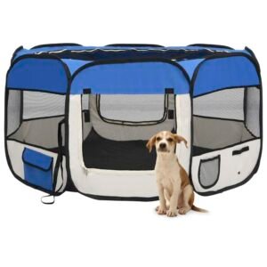 Dog Playpen Blue Polyester Medium Collapsible Dog Playpen