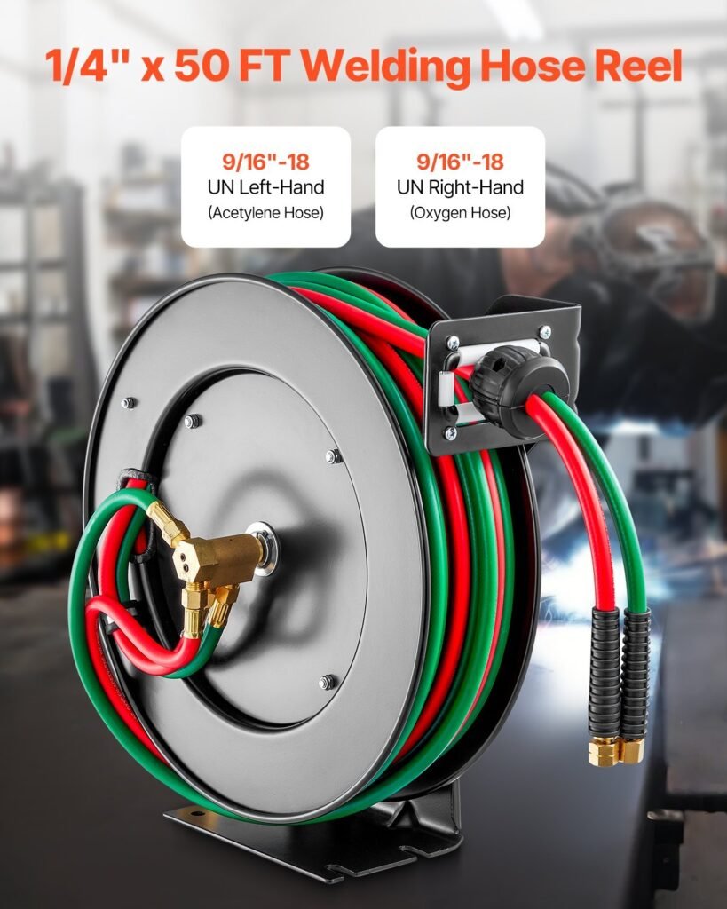 Retractable Welding Hose Reel, 1/4-Inch x 50FT Twin Oxygen Acetylene Rubber Hose Max 300PSI – T Grade, Ceiling/Wall Mount Heavy Duty Steel Hose Reel Auto-Rewind, Ideal for Workshops Garages
