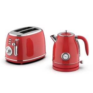 MegaChef 1.8 Quart Electric Tea Kettle and 2 Slice Toaster Combo in Red