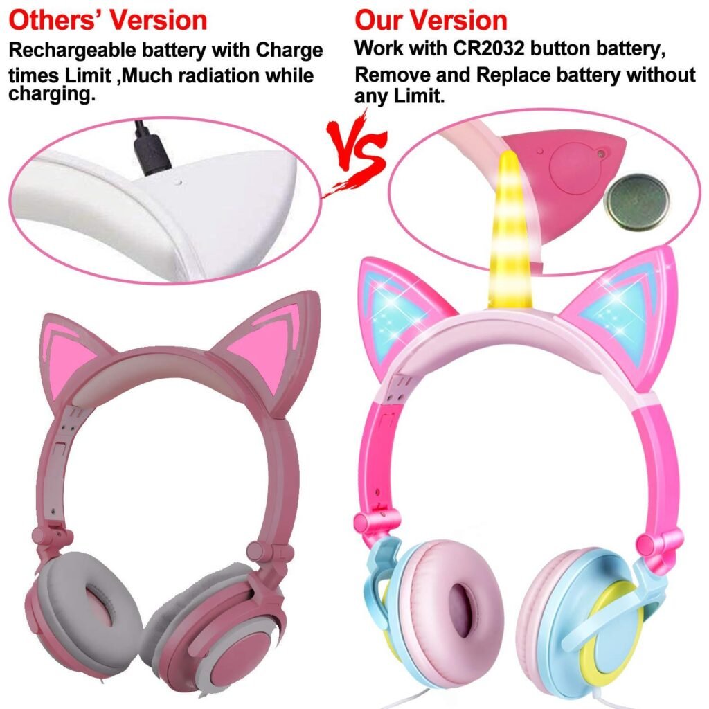Cute Kids Cat Ear Headphones Wired Adjustable for Boys Girls Tablet Kids Headband Earphone Foldable Over On Ear Game Headset  Blue pink