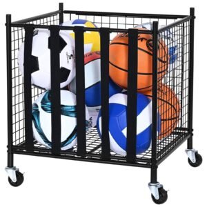 Rolling Sports Ball Storage Cart, Lockable Basketball Cage with Elastic Straps, Sport Equipment Holder Organizer for Indoor Outdoor, Steel Storage Rack for Garages, Playgroup, Gym and Schools