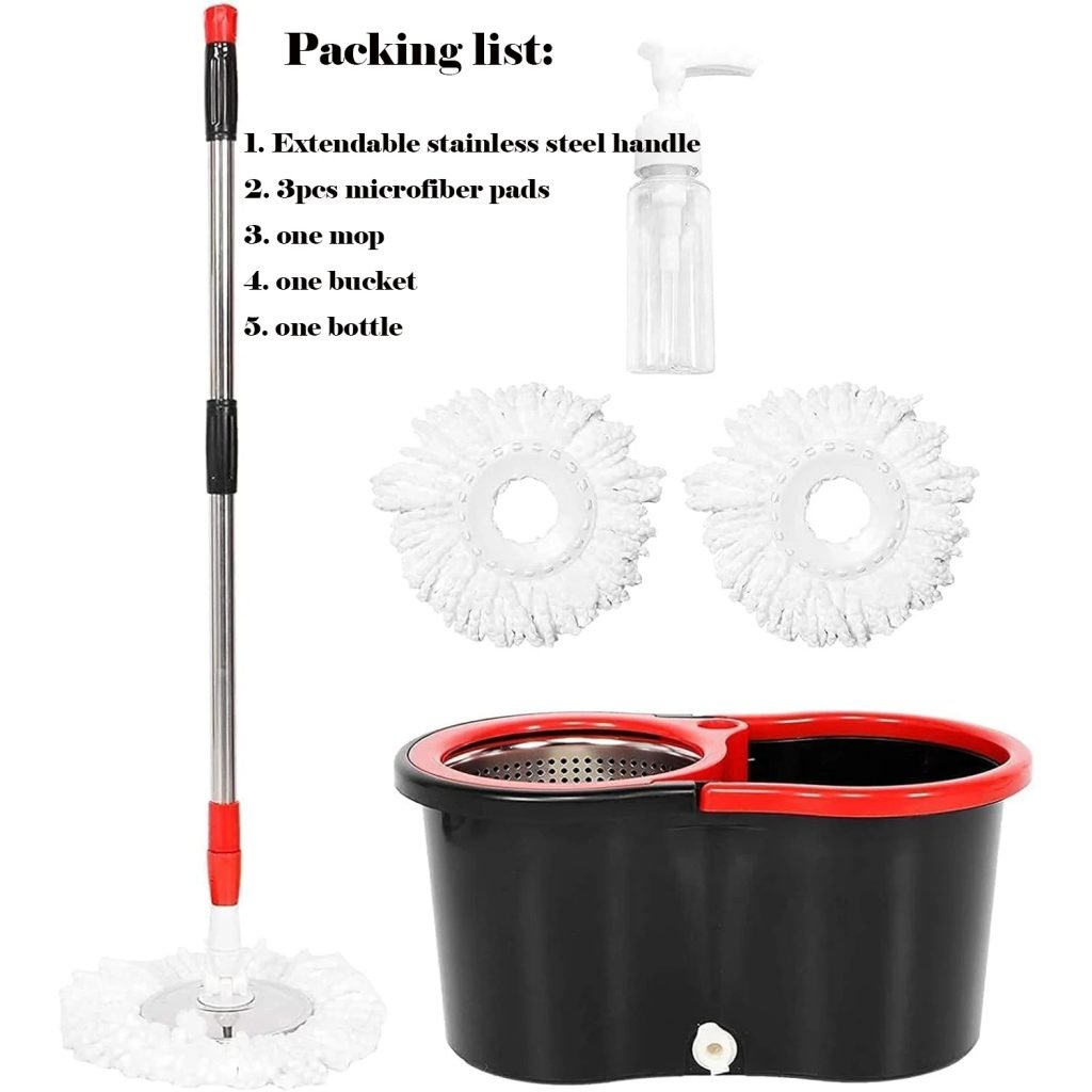 360° Spin Mop Bucket Sets with Wring System in 3 Microfiber Heads, Stainless Steel Basket 61&quote; Extended Handle Floor Cleaning
