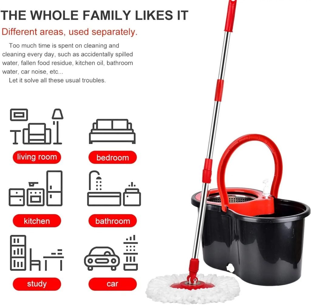 360° Spin Mop Bucket Sets with Wring System in 3 Microfiber Heads, Stainless Steel Basket 61&quote; Extended Handle Floor Cleaning
