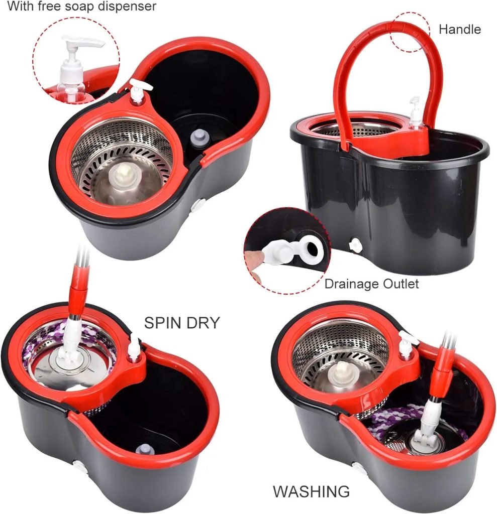 360° Spin Mop Bucket Sets with Wring System in 3 Microfiber Heads, Stainless Steel Basket 61&quote; Extended Handle Floor Cleaning