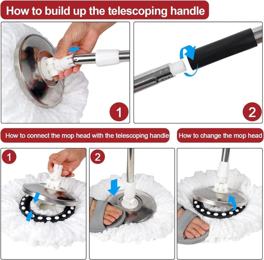 360° Spin Mop Bucket Sets with Wring System in 3 Microfiber Heads, Stainless Steel Basket 61&quote; Extended Handle Floor Cleaning