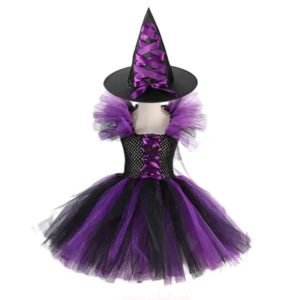 Color: Coffee, Kid Size: 4T - Halloween Witch Tutu Dress for Girls Handmade Mesh Bat Wizard Cosplay Costumes with Hat Broom Toddler Evil Party Clothes Set