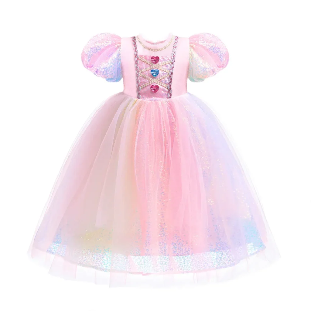 Kid Size: 4T, Color: GRAY – Girls’ New Pearl Gradient Sequin Colored Gemstone Mesh with Bubble Sleeves Princess Dress Halloween Mermaid Cosplay Dress