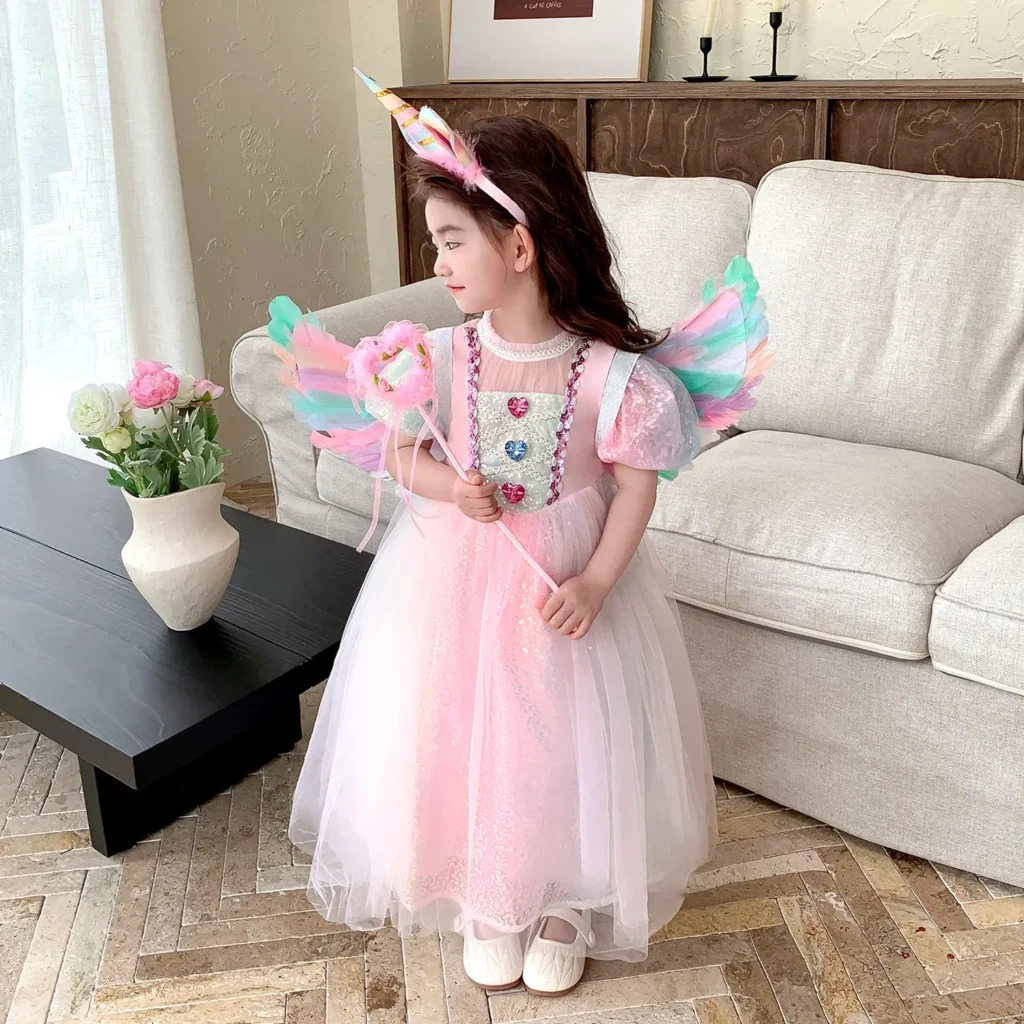 Kid Size: 4T, Color: GRAY – Girls’ New Pearl Gradient Sequin Colored Gemstone Mesh with Bubble Sleeves Princess Dress Halloween Mermaid Cosplay Dress