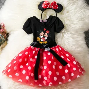 Color: Turquoise, Size: L - Mickey Minnie Mouse Cartoon Kids Short Sleeve Polka Dot Princess Dress Party Baby Girls Clothes Cosplay Costumes 1-6Y