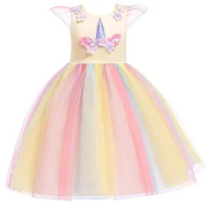 Color: Khaki, Kid Size: 11 - Kids Unicorn Dress for Girls Party Dresses Flower Appliques Ball Gown Little Girl Princess Costumes Summer Children Clothing