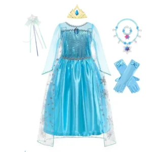 Color: Khaki, Kid Size: 9 - Disney Girls Cospaly Snow Queen Elsa Costumes Kids Carnival Party Prom Gown Robe-Playing Children Clothes Frozen Princess Dress